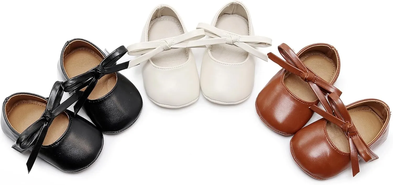 HONGTEYA Baby Girls Ballet Dress Shoes - Mary Jane Soft Sole Sidebow Toddler Moccasins