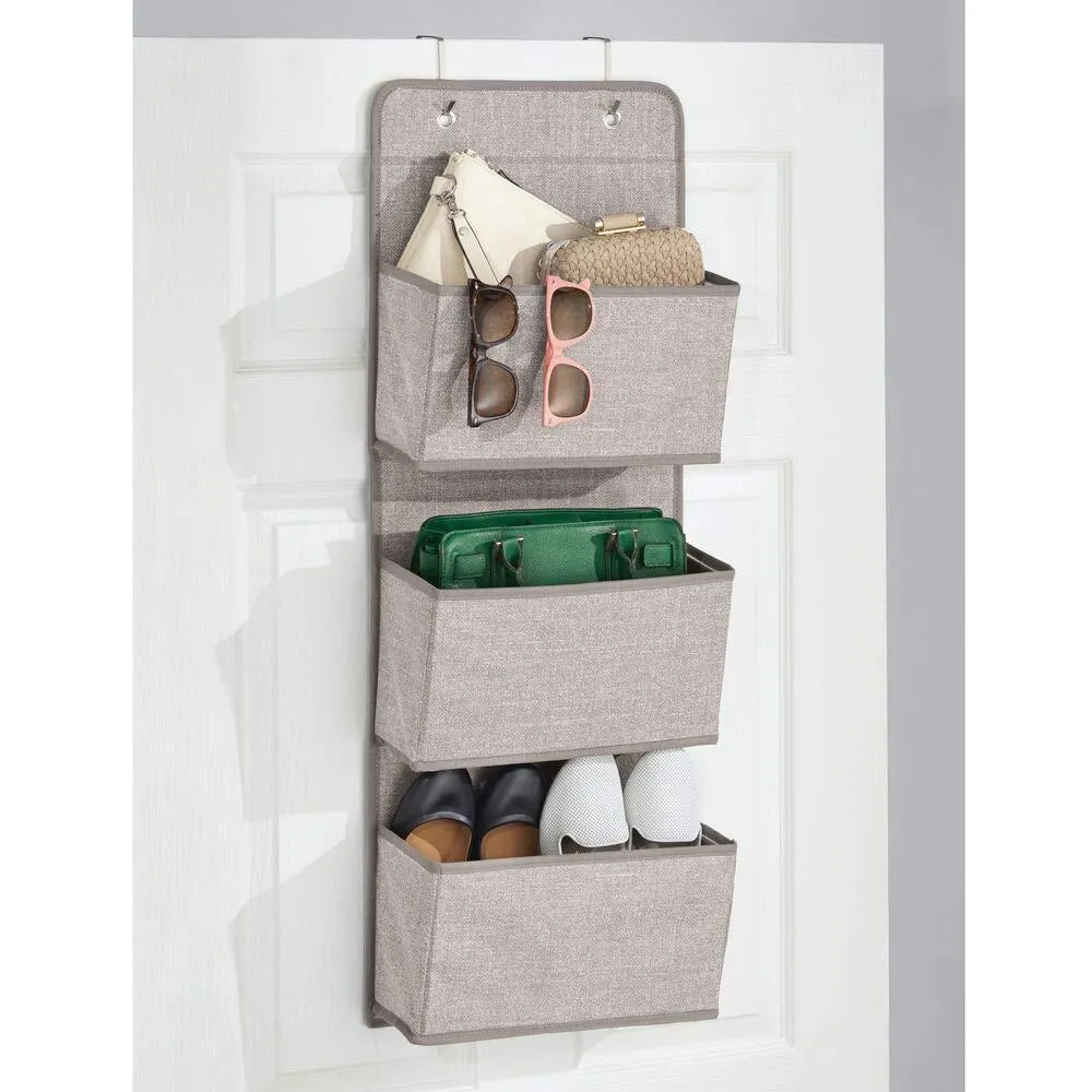 mDesign a568 Soft Fabric Over The Door Hanging Storage Organizer with 3 Large Pockets for Closets in Bedrooms, Hallway, Entryway, Mudroom-Hooks Included-Textured Print, 2 Pack-Linen/Tan