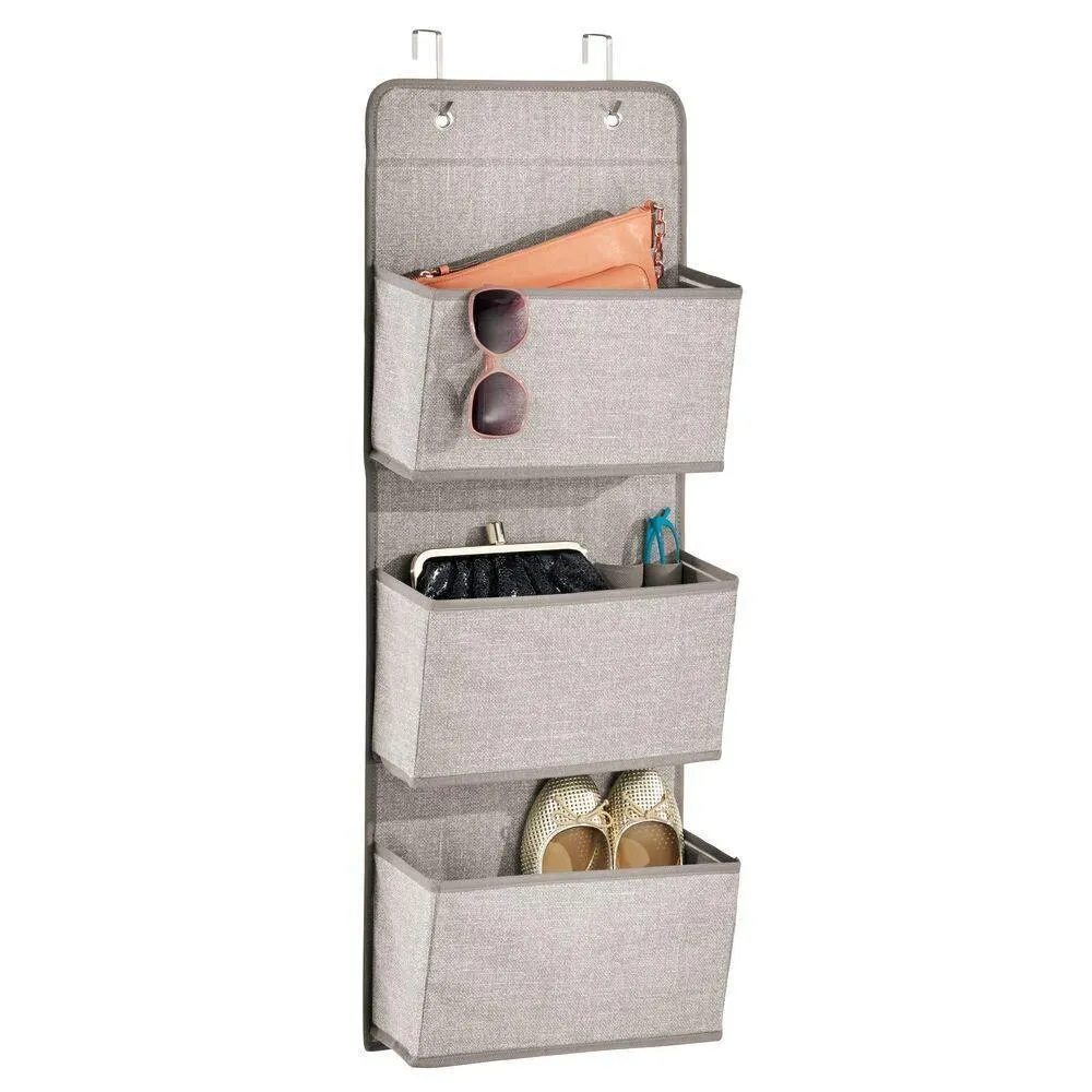 mDesign a568 Soft Fabric Over The Door Hanging Storage Organizer with 3 Large Pockets for Closets in Bedrooms, Hallway, Entryway, Mudroom-Hooks Included-Textured Print, 2 Pack-Linen/Tan