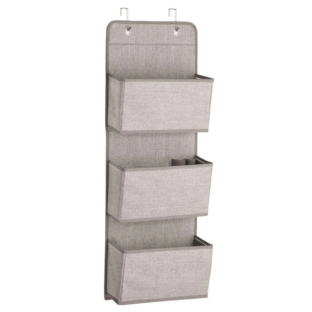 mDesign a568 Soft Fabric Over The Door Hanging Storage Organizer with 3 Large Pockets for Closets in Bedrooms, Hallway, Entryway, Mudroom-Hooks Included-Textured Print, 2 Pack-Linen/Tan